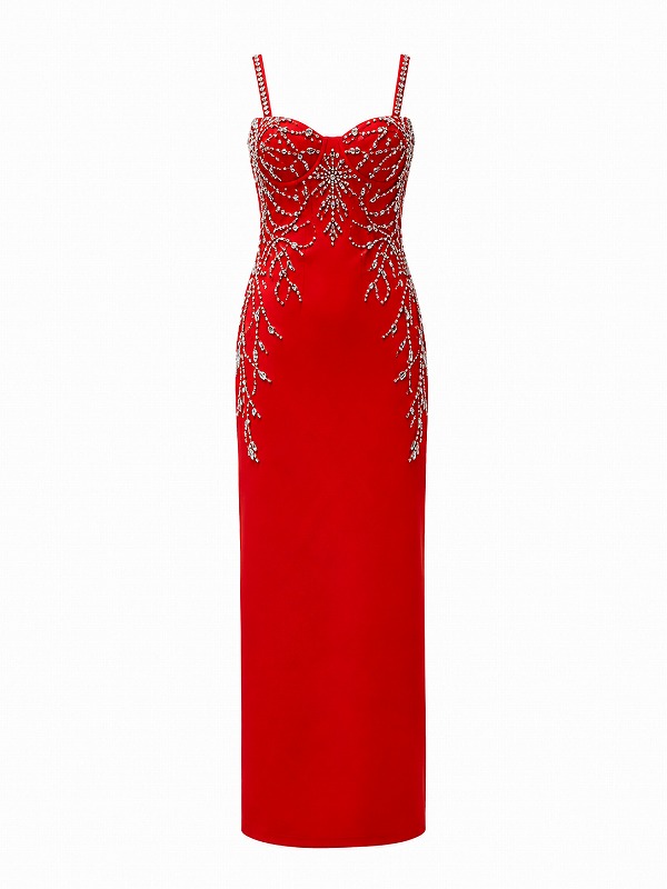 【新品DRESS 4829】ドロップパール×ビジューデザインストレッチキャミタイトロングドレス レッド